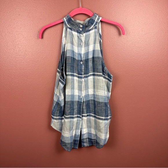 Cloth & Stone cotton blend blue plaid halter top buttons down back size small - Picture 3 of 7